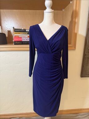Lauren Ralph Lauren Royal Blue Long-Sleeve V-Neck Ruched Dress